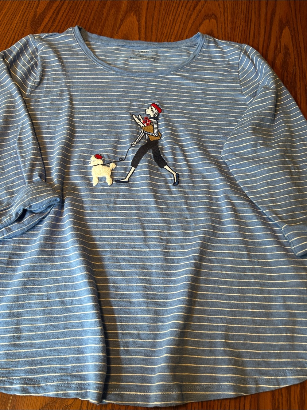 Talbots Blue & White Striped 3/4 Sleeve Top with Embroidered Walker